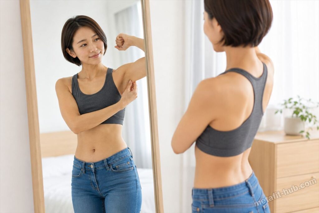 鏡の前でスポーツブラ姿の女性が二の腕のラインを確認しているH1画像