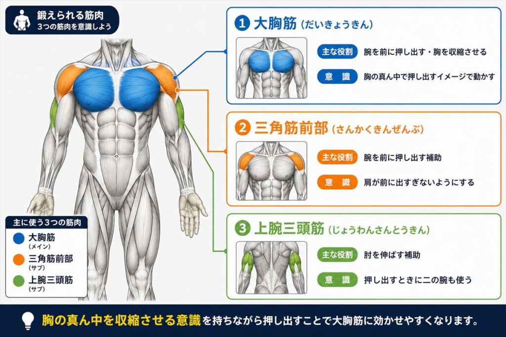 チェストプレスで鍛えられる筋肉図。大胸筋をメインに三角筋前部・上腕三頭筋も使われる