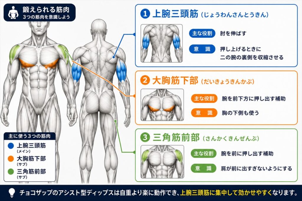 チョコザップのディップスで鍛えられる筋肉図。上腕三頭筋・大胸筋下部をメインに三角筋前部も使われる