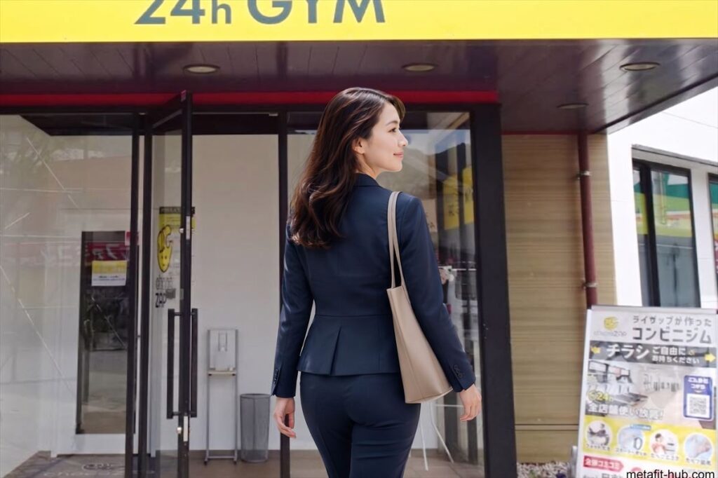 チョコザップ店舗前で後ろ姿を見せながら入店するスーツ姿の女性モデル