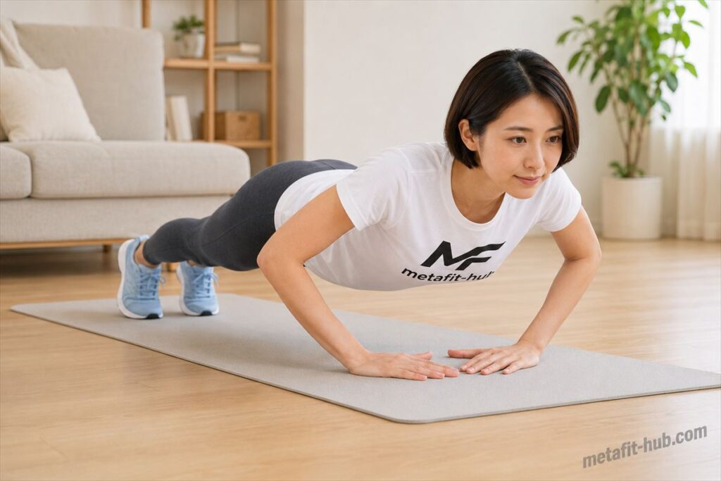 自宅でダイアモンドプッシュアップを行う女性のトレーニング風景画像