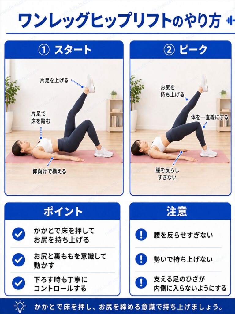 ワンレッグヒップリフトのやり方を示したインフォグラフィック。片脈の上げ方・踵の置き方・お尻を上げる動作・戻す動作の手順を図解している。