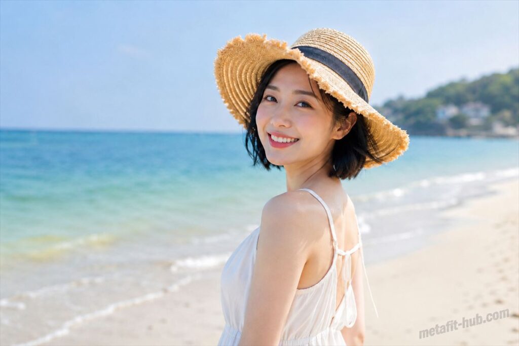 麦わら帽子をかぶった女性が海辺で笑顔を見せる、夏に向けたボディメイクの完成イメージを表現した画像