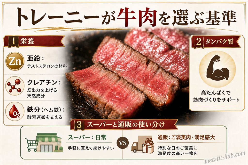 トレーニーが牛肉を選ぶ3つの基準|栄養・タンパク質・スーパーと通販の使い分けを図解したインフォグラフィック