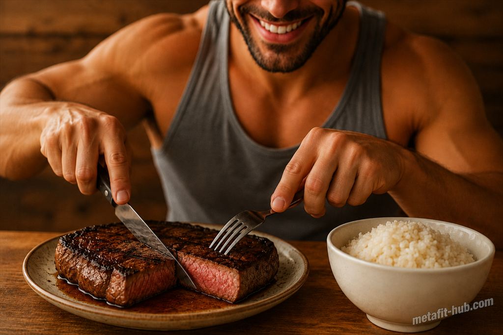 タンクトップ姿の男性が厚切りステーキを切りながら白米と一緒に食べる筋トレ向け肉記事の見出し画像