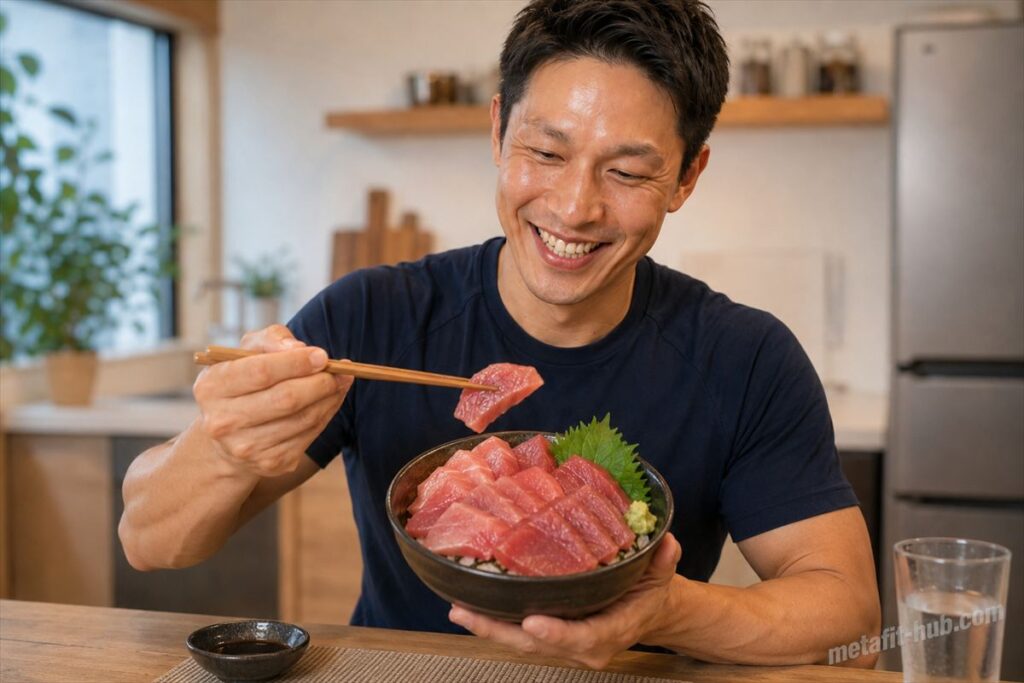 男性が自宅でマグロ丼を笑顔で食べている、トレーニー向け通販マグロ完全ガイドの画像