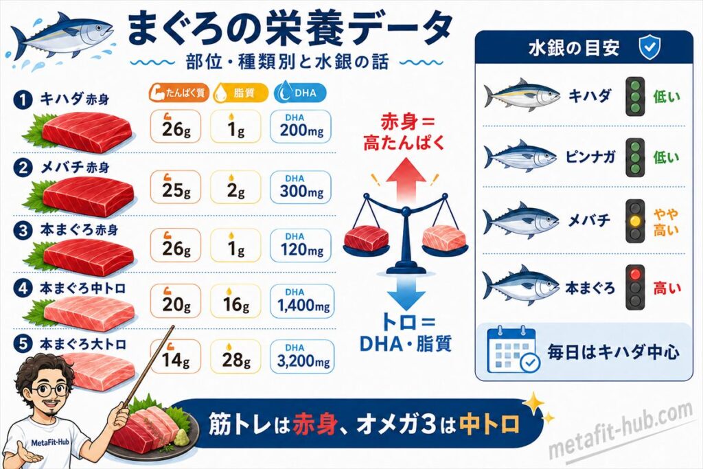 まぐろの部位や種類別にたんぱく質、脂質、DHA、水銀の目安を比較した中見出し用の図解画像