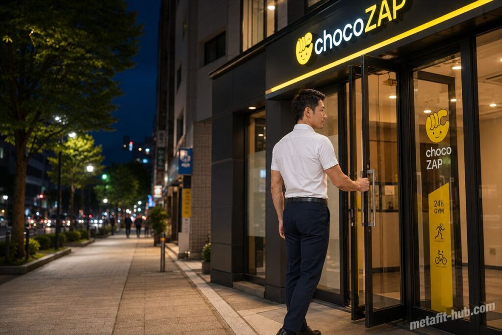 夜の街並みの中、チョコザップの入口でドアを開けて入店しようとするクールビズ姿の男性