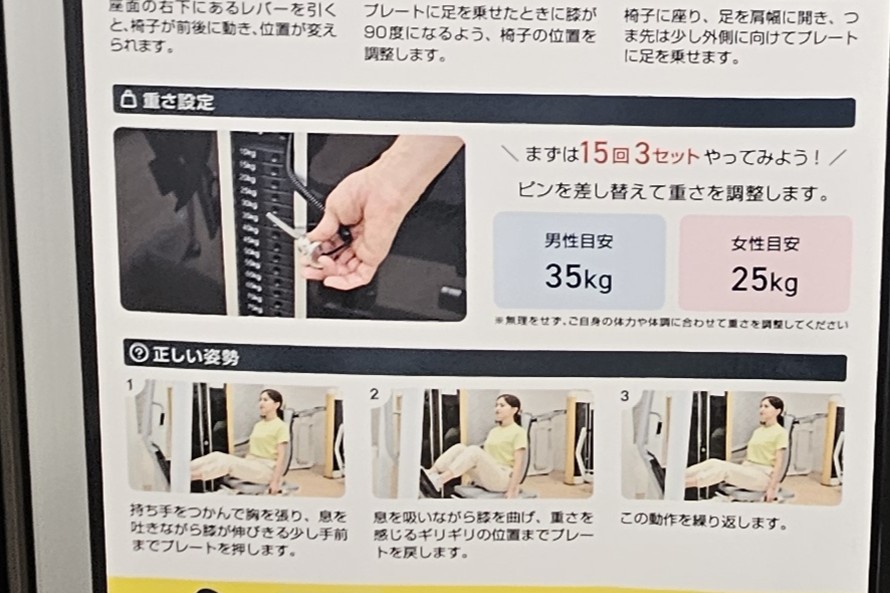 チョコザップのマシンに掲示された重量設定の目安と正しい姿勢を説明する参考画像