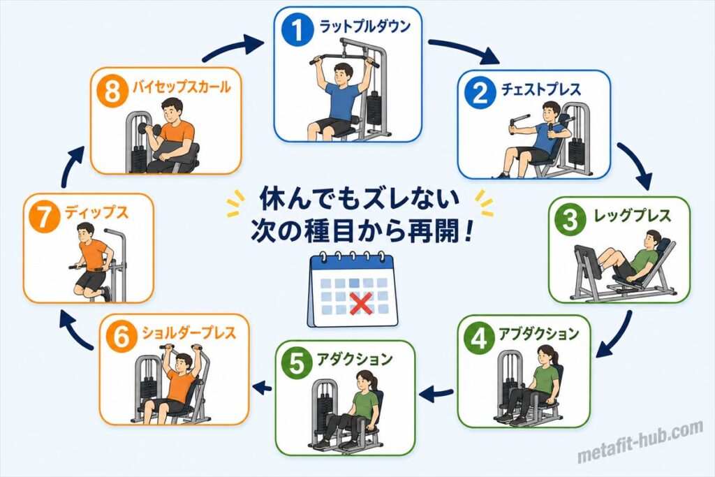 ラットプルダウンからバイセップスカールまで8種目を順番に回し、休んでも次の種目から再開できる種目ローテーション型を解説した図解画像