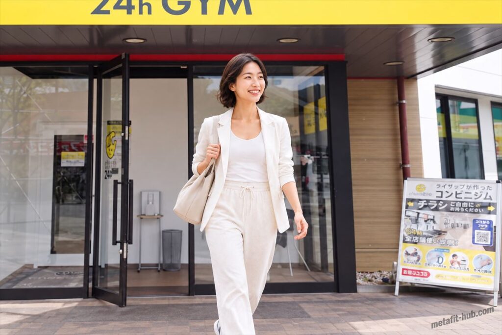 チョコザップ店舗前を歩く女性を使った、時短で成果を出すダイエット習慣の画像