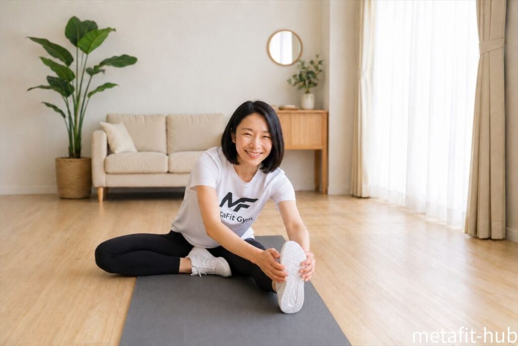自宅のリビングでマットを敷いてストレッチする女性。家トレ初心者向けの運動習慣をイメージした画像