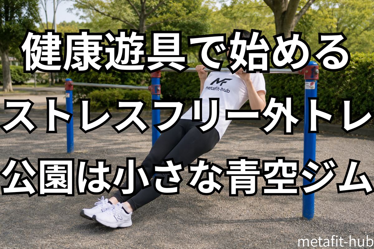 公園の健康遊具でインバーテッドロウを行う女性の外トレ風景