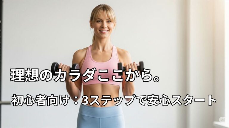 笑顔でダンベルを持つ女性の筋トレ初心者イメージ