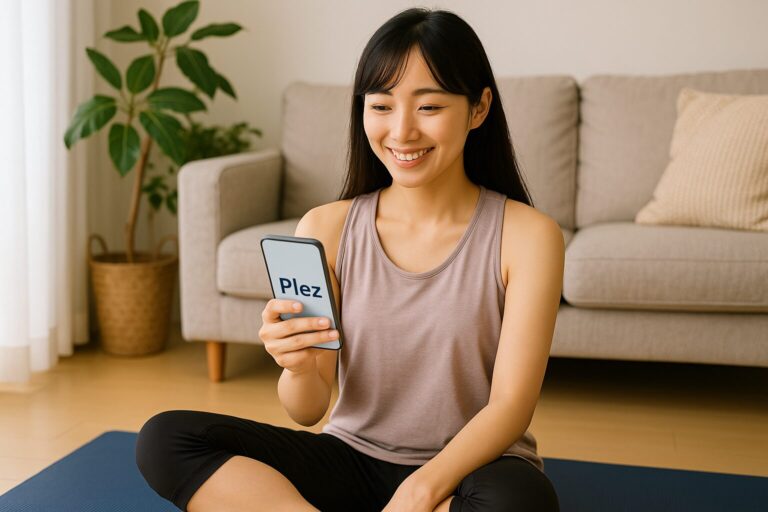 自宅のリビングでスマホを見ながらオンラインパーソナルジム「Plez」を利用する女性トレーニーの笑顔
