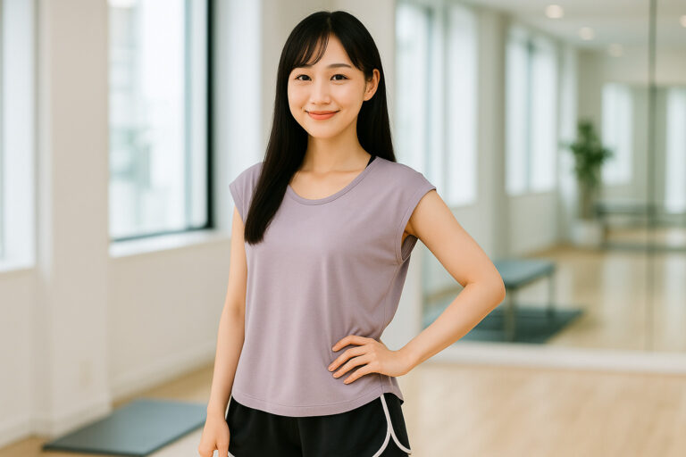 白系ジム空間で斜め立ちポーズをとる女性（華恋）。薄紫シャツと黒ショートパンツ姿で微笑む