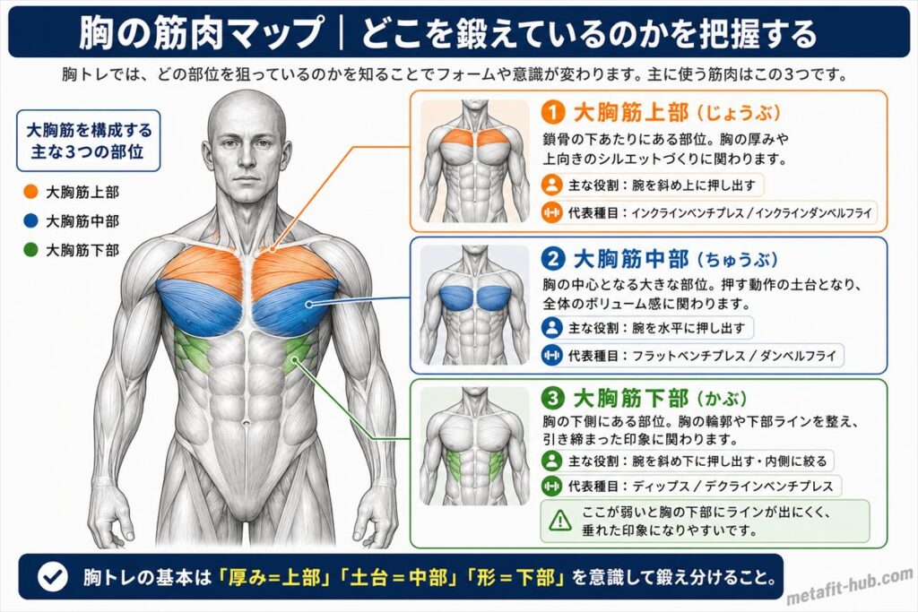 胸トレで使う主な3つの部位(大胸筋上部・中部・下部)の位置と役割を示したインフォグラフィック
