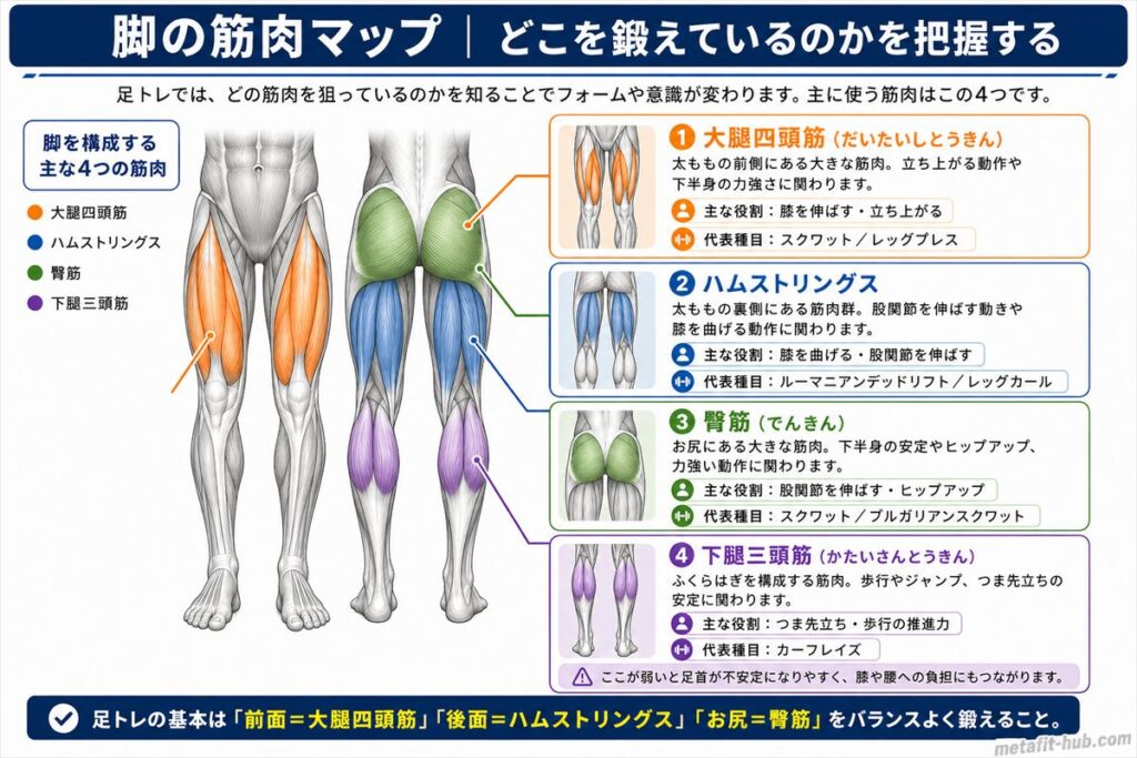 足トレで使う主な4つの筋肉(大腿四頭筋・ハムストリングス・臀筋・下腿三頭筋)の位置と役割を示したインフォグラフィック