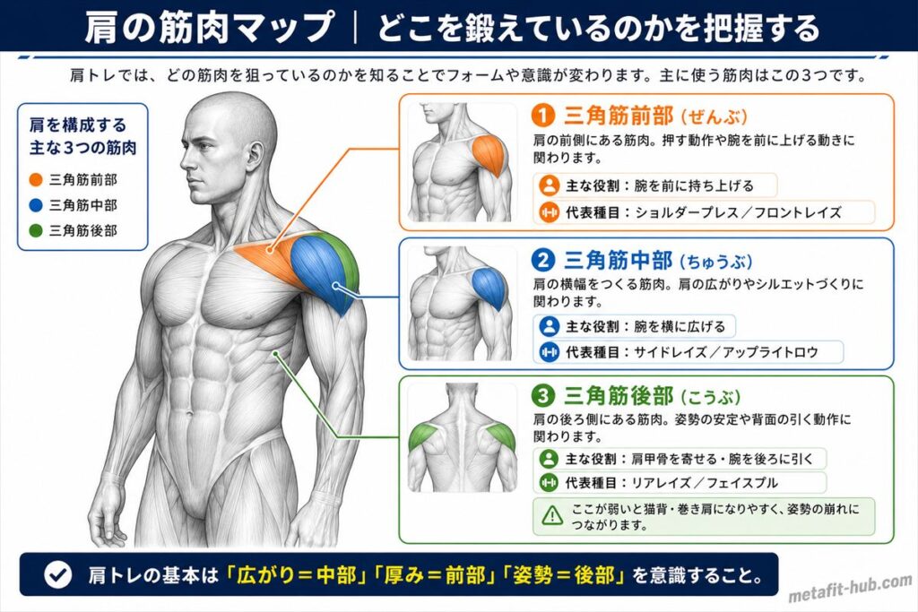 肩トレで使う主な3つの筋肉(三角筋前部・中部・後部)の位置と役割を示したインフォグラフィック
