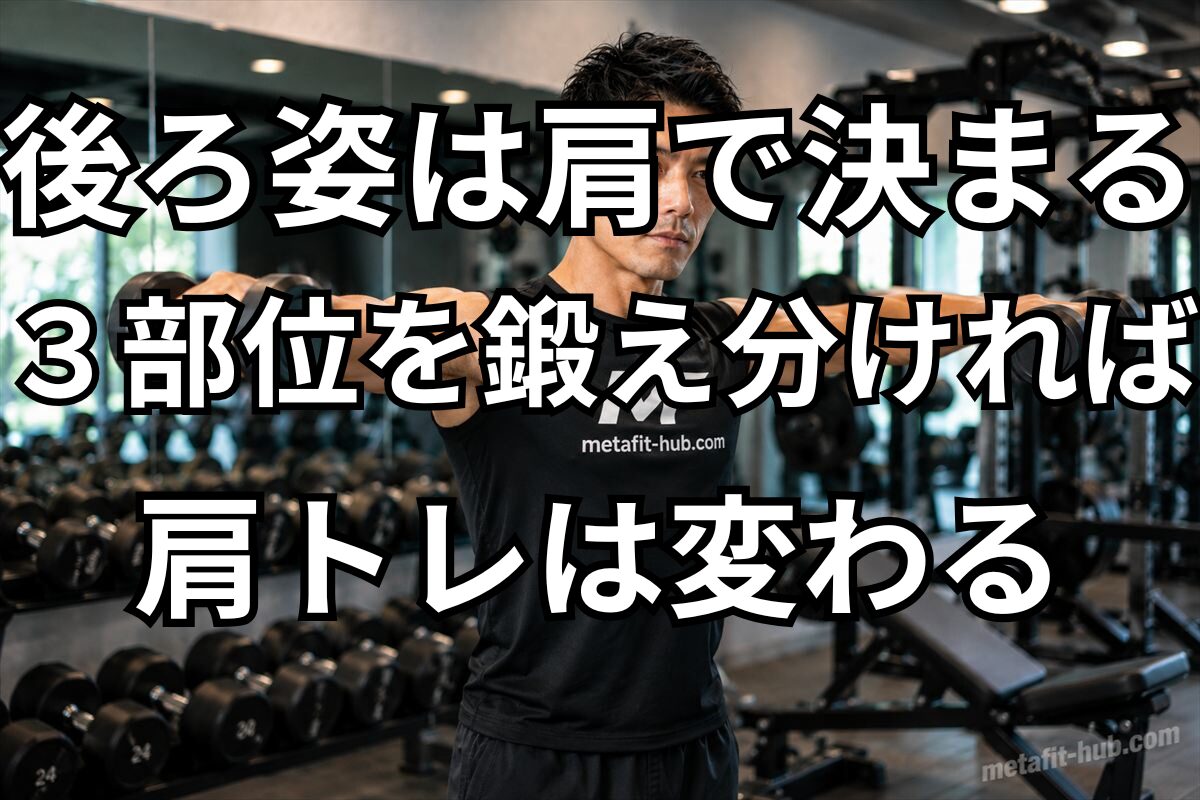 ジムでダンベルサイドレイズをする男性。後ろ姿は肩で決まる・３部位を鍛え分ければ肩トレは変わる。
