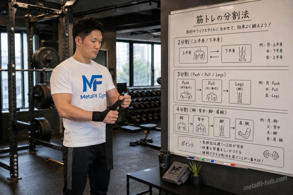 ジムでホワイトボードの分割法スケジュールを確認するトレーニーの男性。2分割・3分割・PPLの週間メニュー設計図が描かれている。