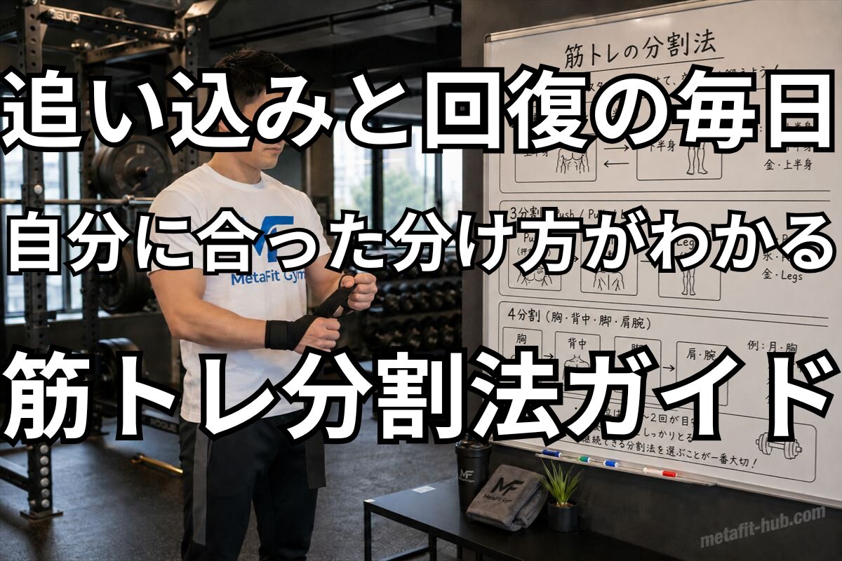 ジムでホワイトボードの分割法スケジュールを確認するトレーニーの男性。2分割・3分割・PPLの週間メニュー設計図が描かれている。