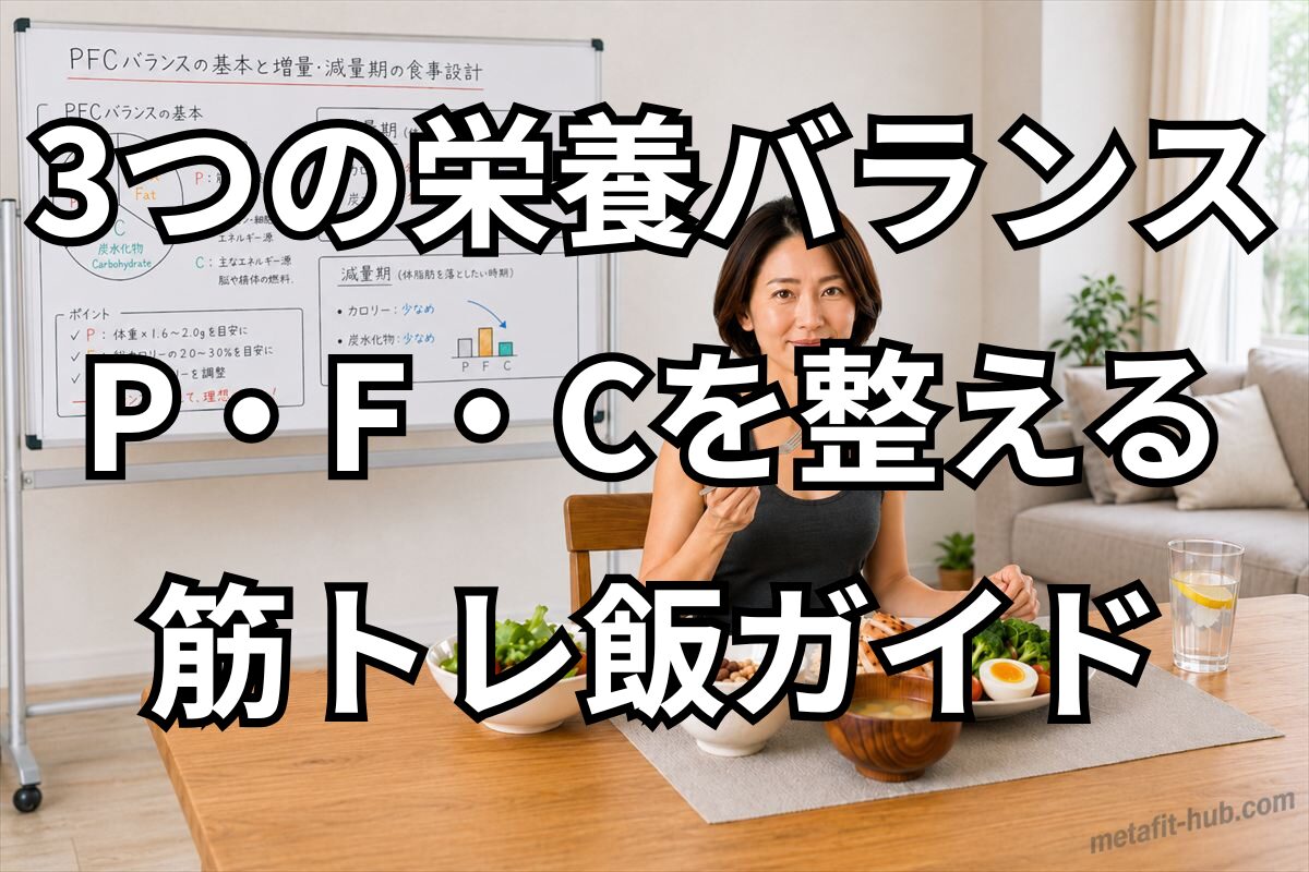 筋トレ飯を食べる女性とPFCバランスの図解ホワイトボード。3つの栄養バランス・P・F・Cを整える筋トレ飯ガイド。