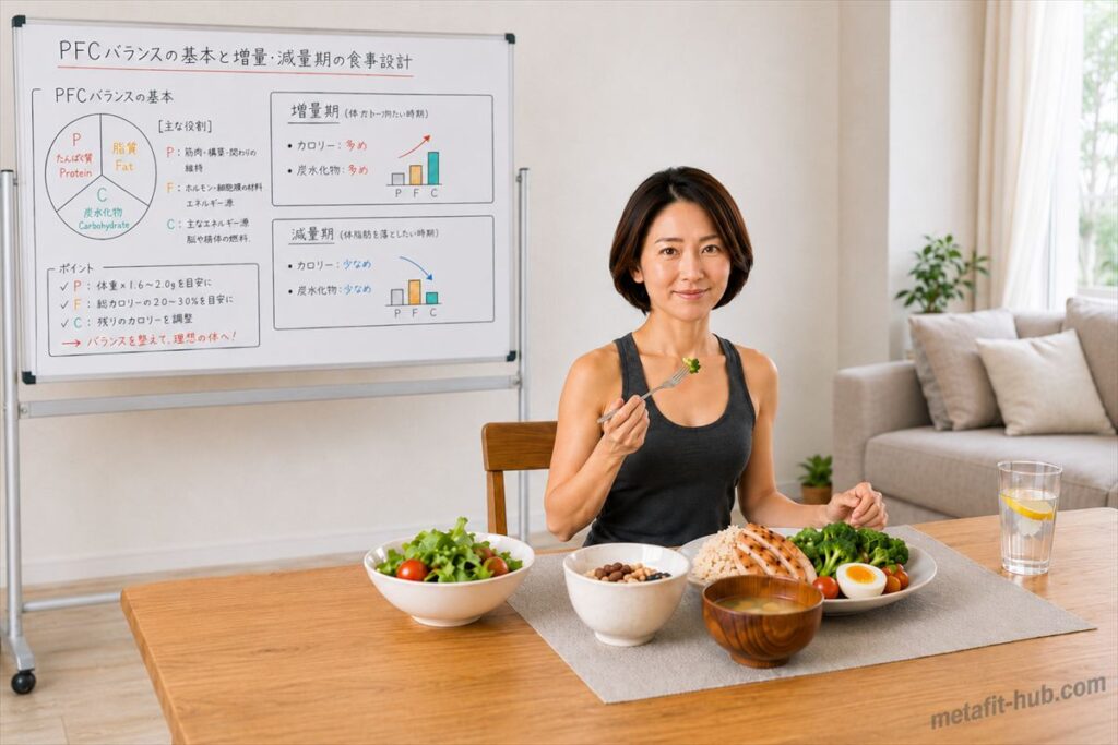 PFCバランスの増量期・減量期の食事設計図が書かれたホワイトボードの前で筋トレ飯を食べる女性。鶏むね肉・ブロッコリー・玄米・サラダが並んだバランス食。