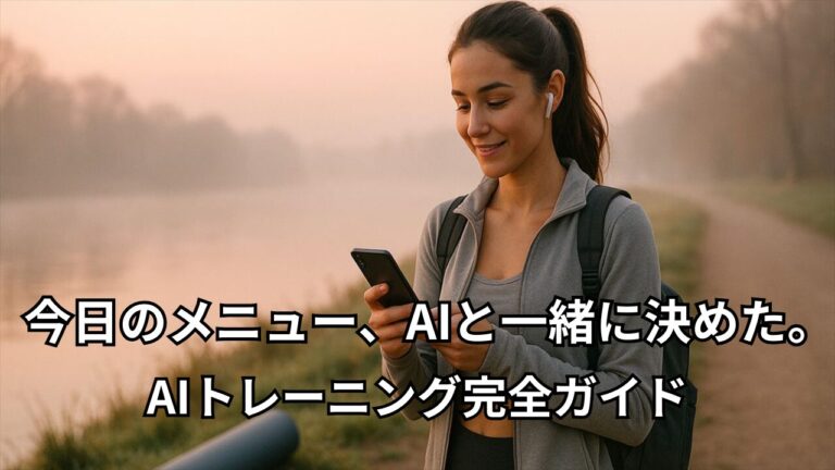 公園の遊歩道でスマートフォンを見ながら、AIとトレーニングメニューを決めている女性。朝焼けの中で微笑んでいる