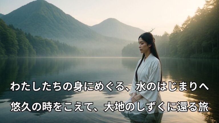 湖にたたずむ白装束の女性。水面に広がる静寂の中、“水のはじまり”を祈るように瞑想している様子