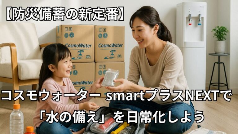 親子が防災備蓄を準備する様子。後ろにはコスモウォーターの段ボールとウォーターサーバーが見える