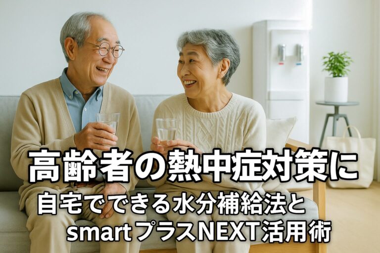 ウォーターサーバーの水を飲む高齢夫婦｜熱中症対策と水分補給のイメージ