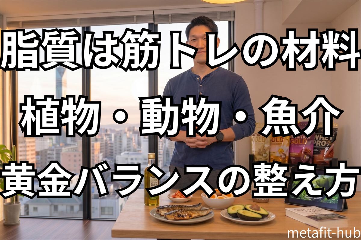 良質な脂質食材の前で筋トレ栄養の話をしているシーン