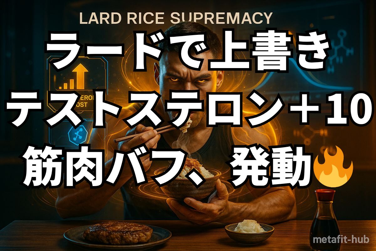 ラード飯を食べる男性トレーニー。背景に血糖カーブと分子構造が浮かび、テストステロン上昇と筋肉バフのイメージが表現された構造的ビジュアル。