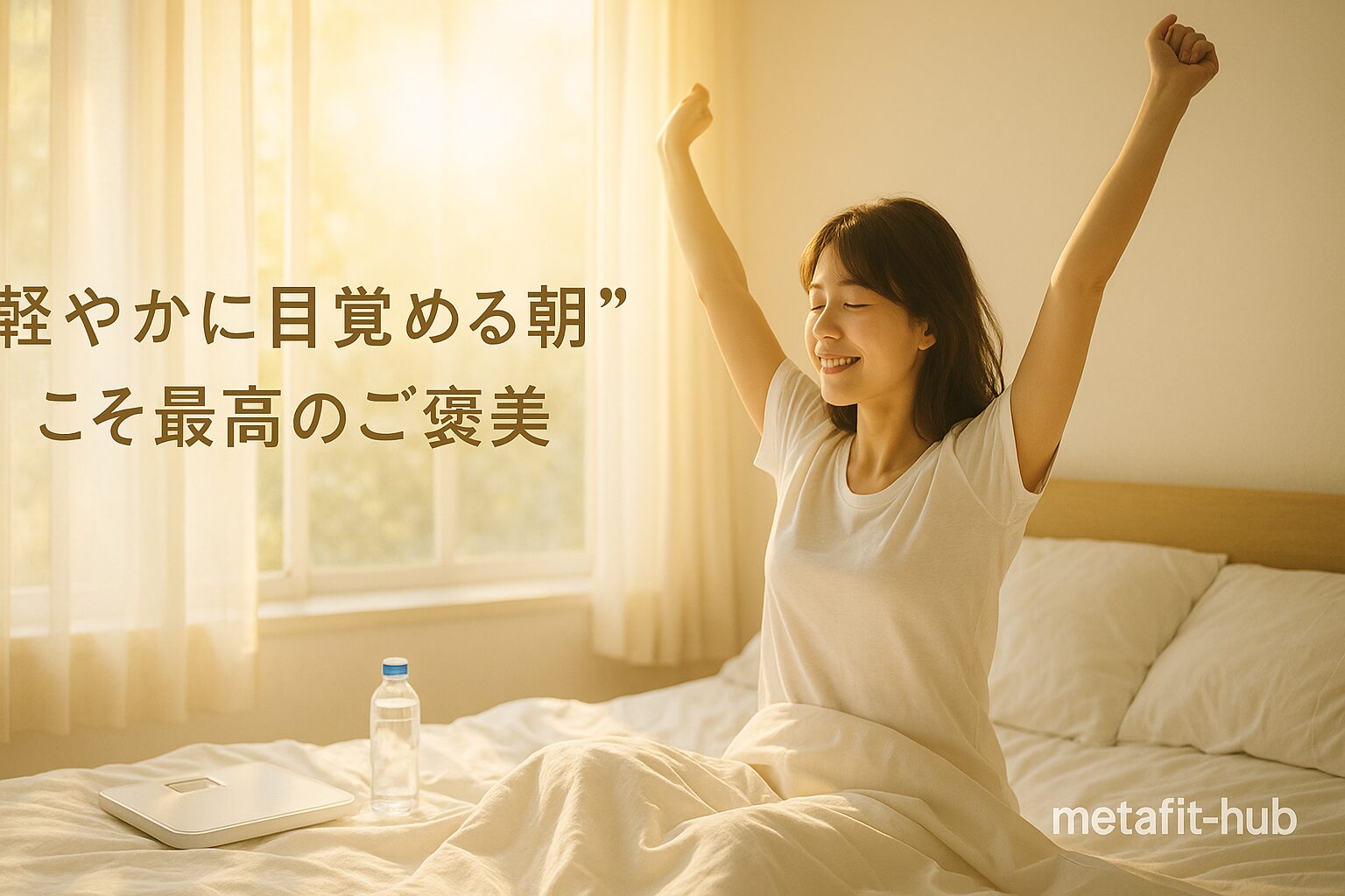 朝日を浴びてスッキリ目覚める女性のダイエット成功イメージ