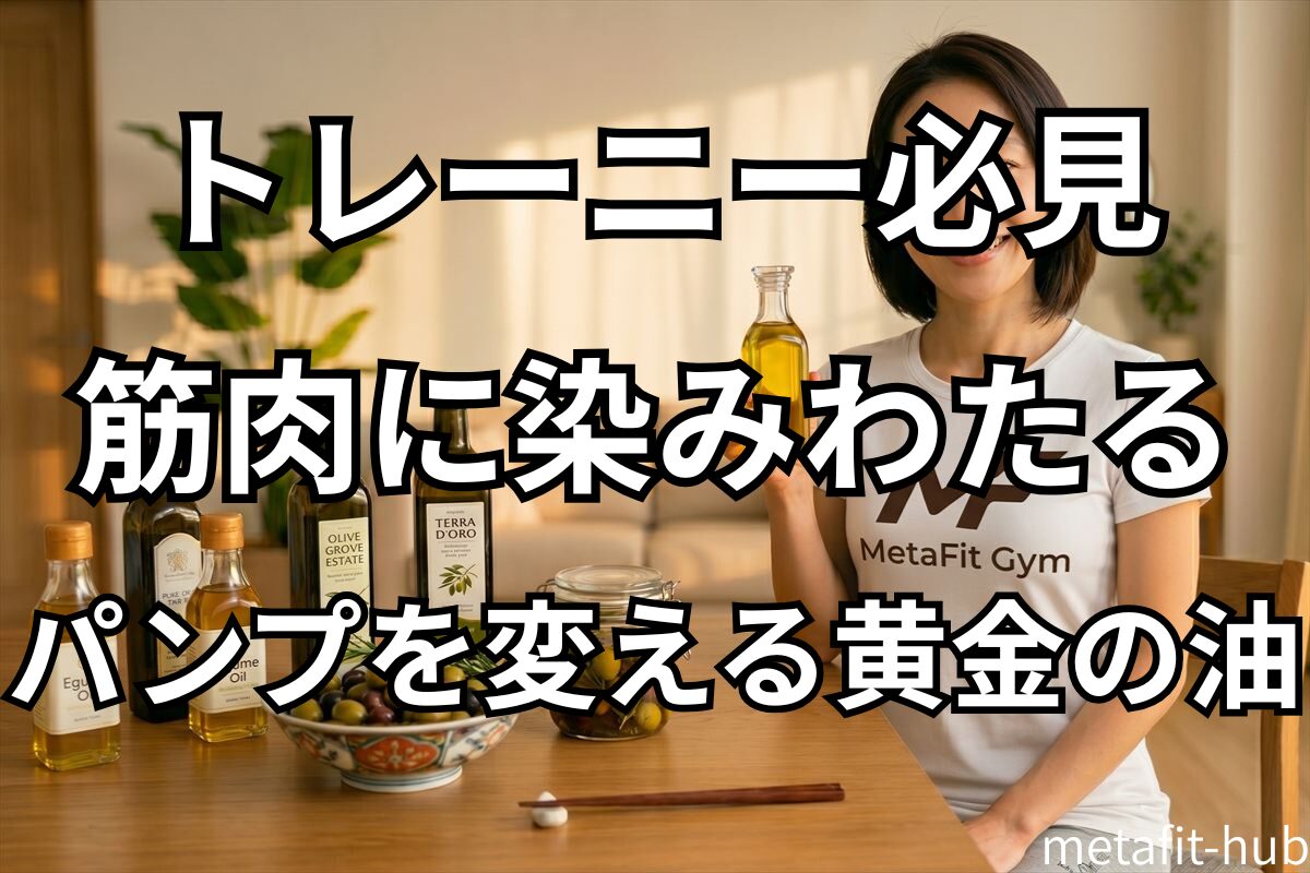筋トレ中の栄養吸収を高めるオリーブオイルと筋肉の関係をイメージした画像