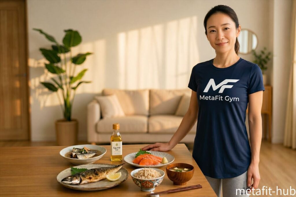 オメガ3豊富な食材の前で筋トレ回復の話をしているシーン
