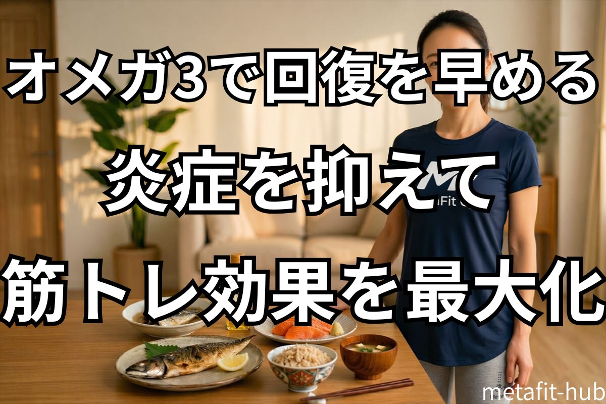 オメガ3豊富な食材の前で筋トレ回復の話をしているシーン