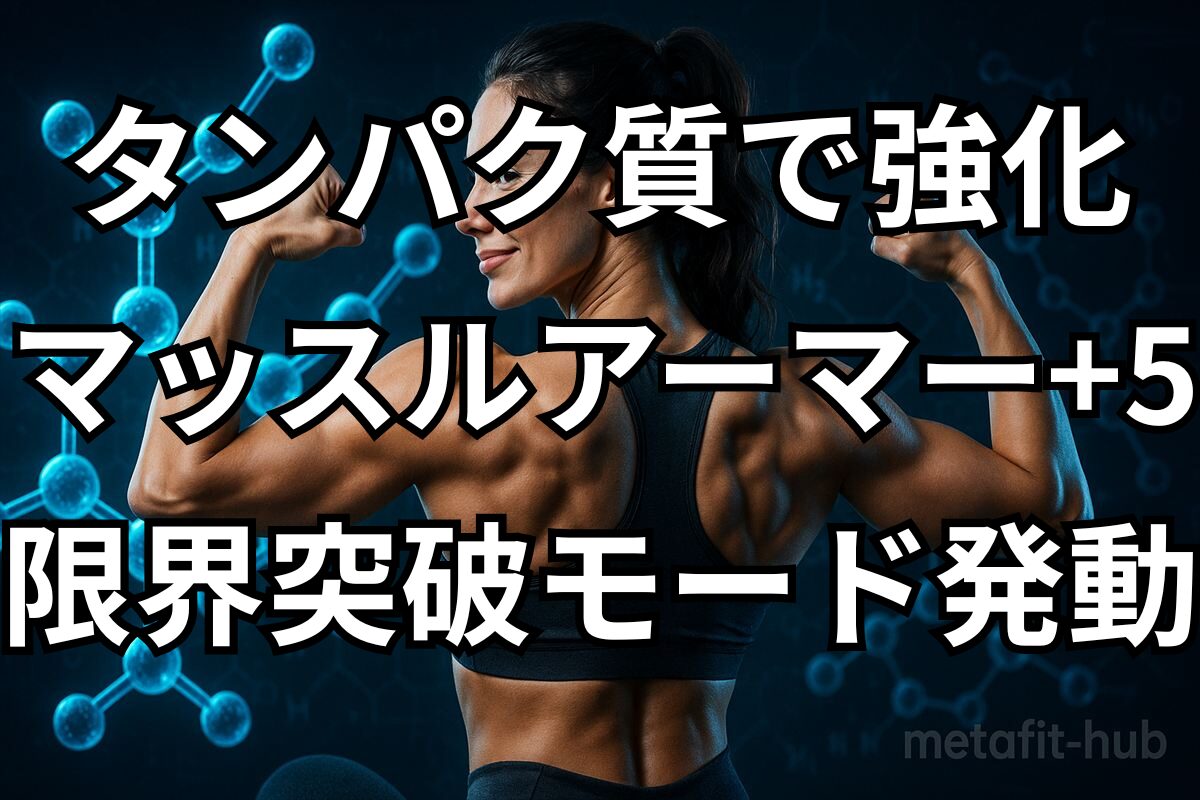 力強い背中の筋肉を見せる女性アスリートのポージング。分子構造の背景とともに、タンパク質摂取が筋肉を作るイメージを表現した画像