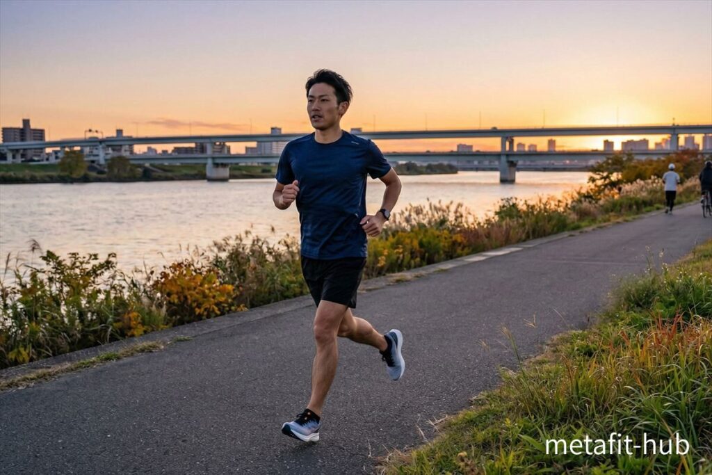 夕暮れの河川敷をランニングする男性。体を動かすことが疲労回復や体力向上につながることを示すイメージ。