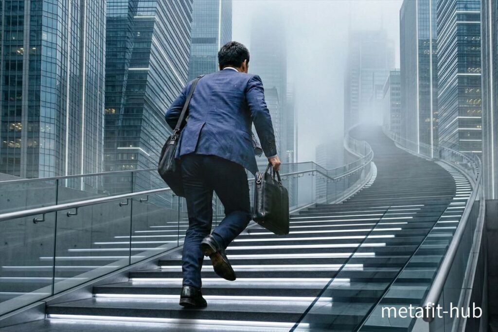 外仕事に向かい階段を上るビジネスマンの後ろ姿。バテない体力づくりのイメージ。