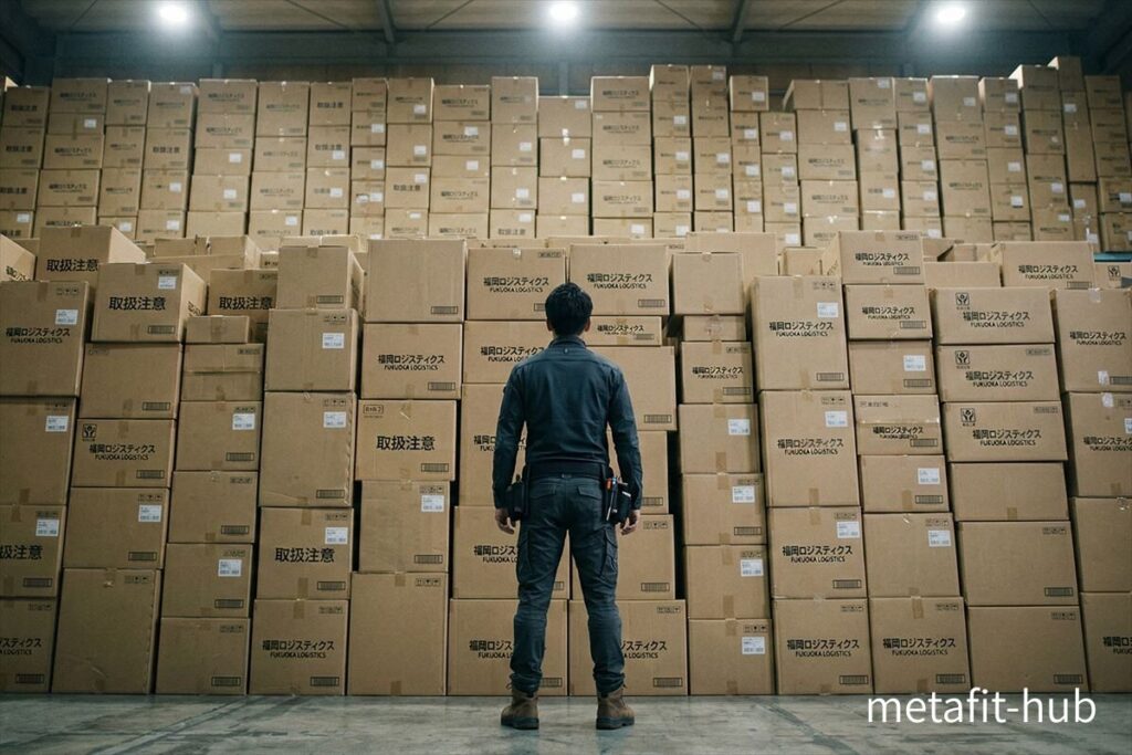 物流倉庫で大量の段ボール箱の前に立ち尽くす作業員。終わらない仕事量の象徴的イメージ。