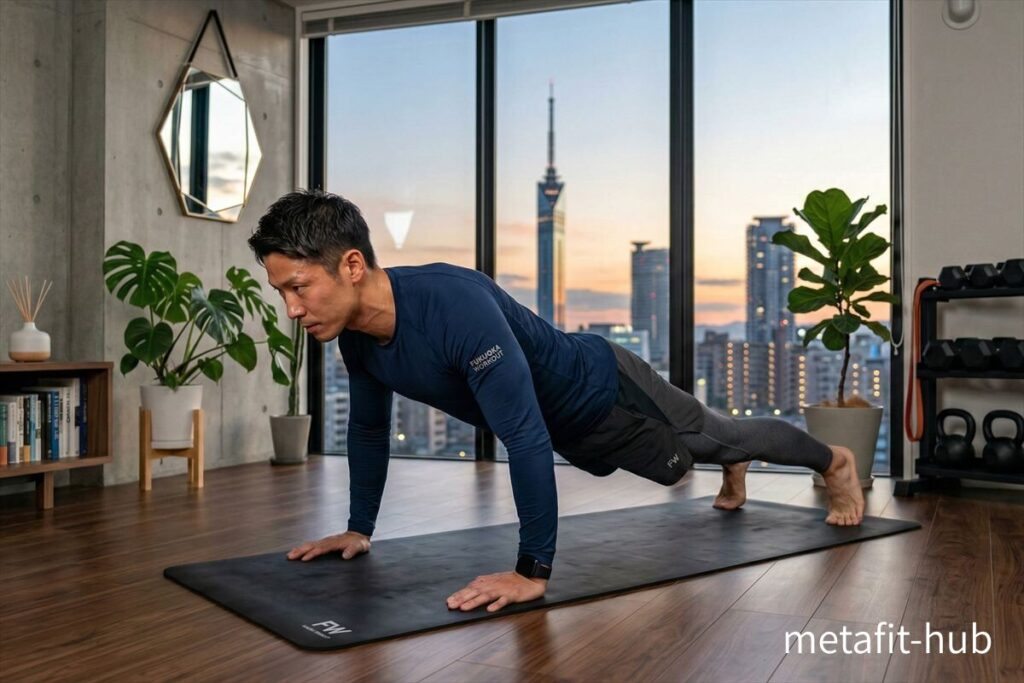 自宅で腕立て伏せ(プランク姿勢)を行う男性。外仕事の人でも体力を高める習慣を作れることを示すイメージ。