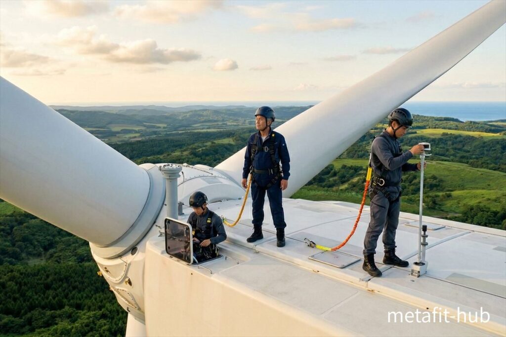 風力発電設備の上で作業する外仕事の作業員たち。疲れの原因は年齢ではなく、体力と回復習慣にあることを示すイメージ。