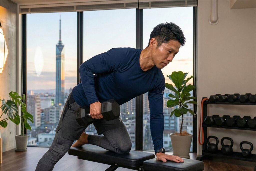 自宅でダンベルを使ったトレーニングを行う男性。外仕事でバテない体力を作るための筋力トレーニング習慣を示すイメージ。