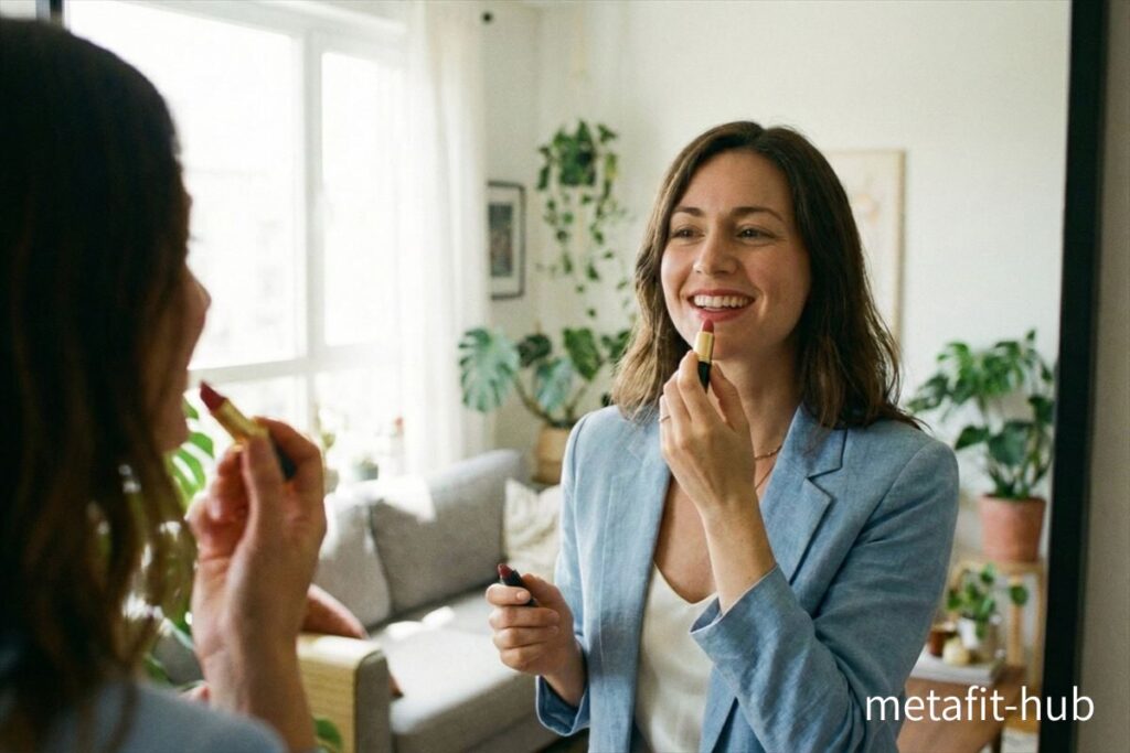 運動習慣を取り入れたことで若く見える印象になり、鏡の前で自信を持って笑顔になる女性