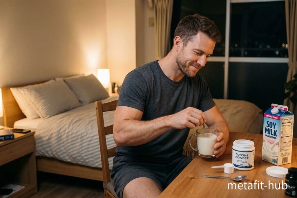 寝る前に豆乳にグリシンパウダーを溶かして飲む男性
