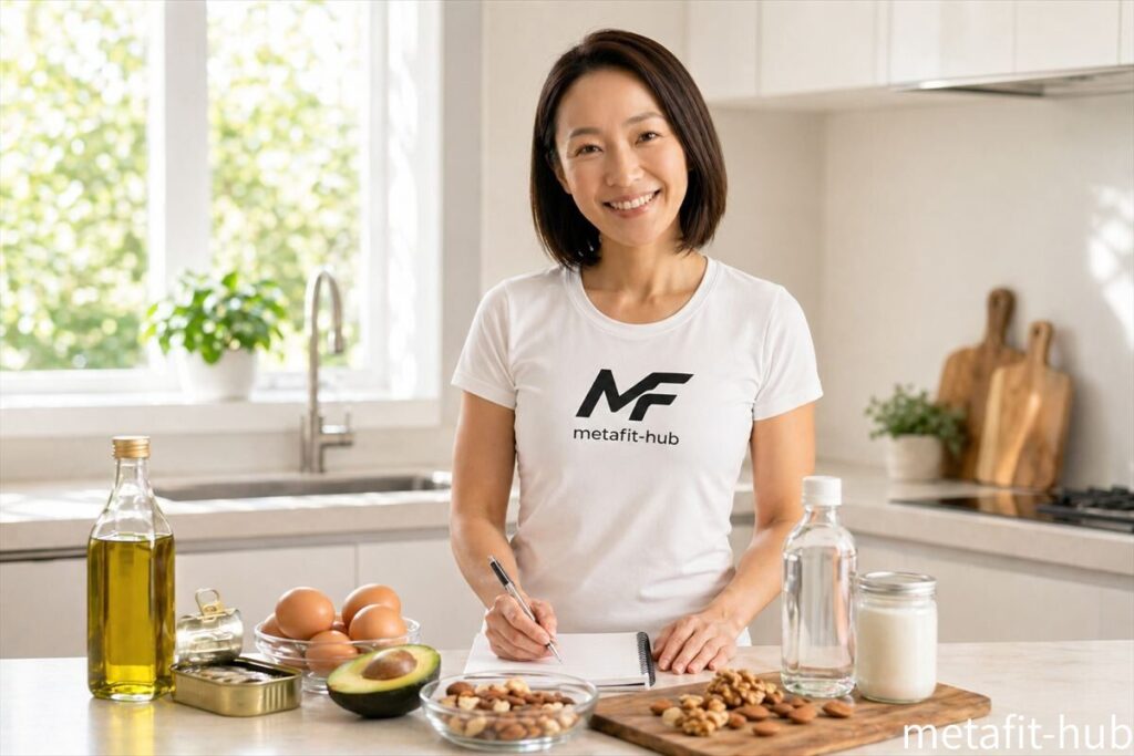 筋トレ中の脂質の取り方を考えながらオリーブオイルや魚、卵を並べている女性トレーニー