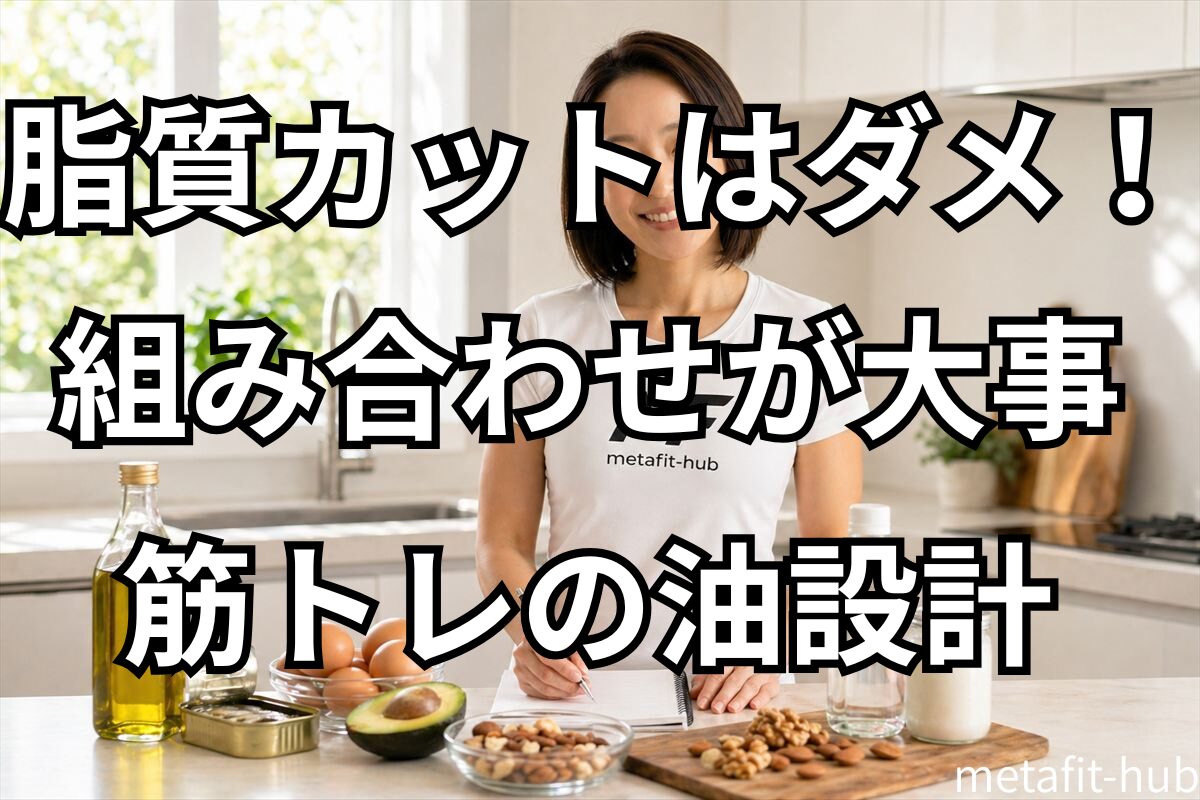 筋トレ中の脂質の取り方を考えながらオリーブオイルや魚、卵を並べている女性トレーニー