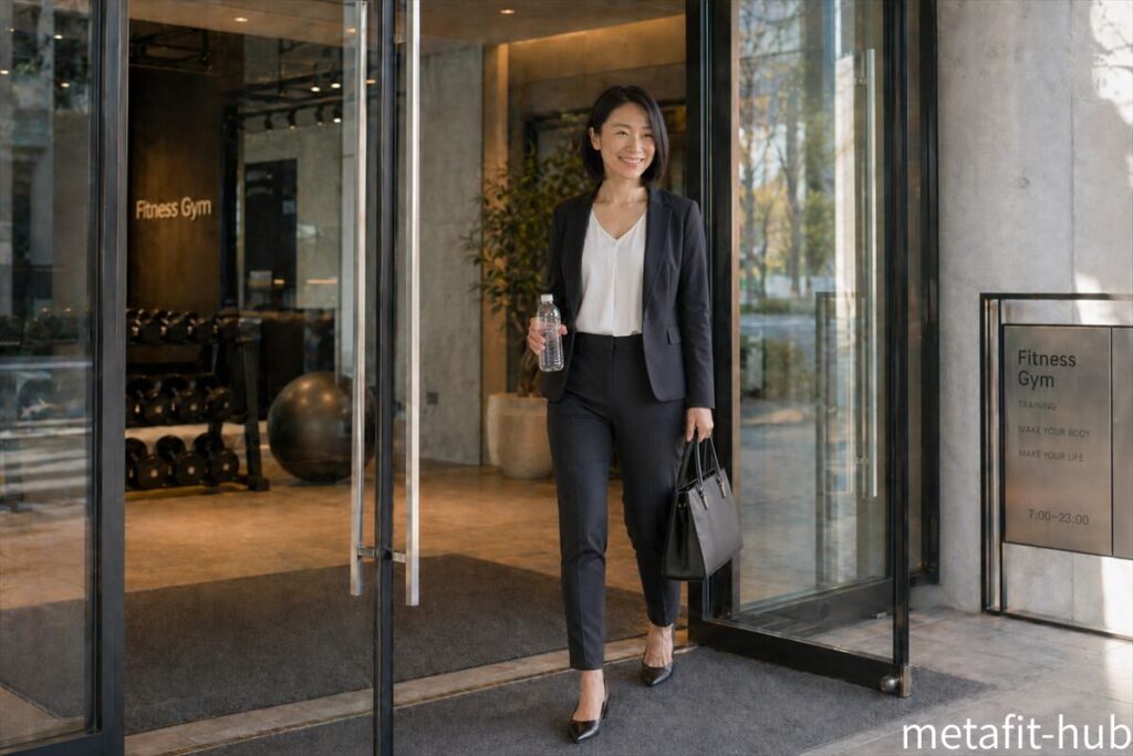 手ぶらで通えるパーソナルジムから笑顔で出てくる仕事帰りの30代女性